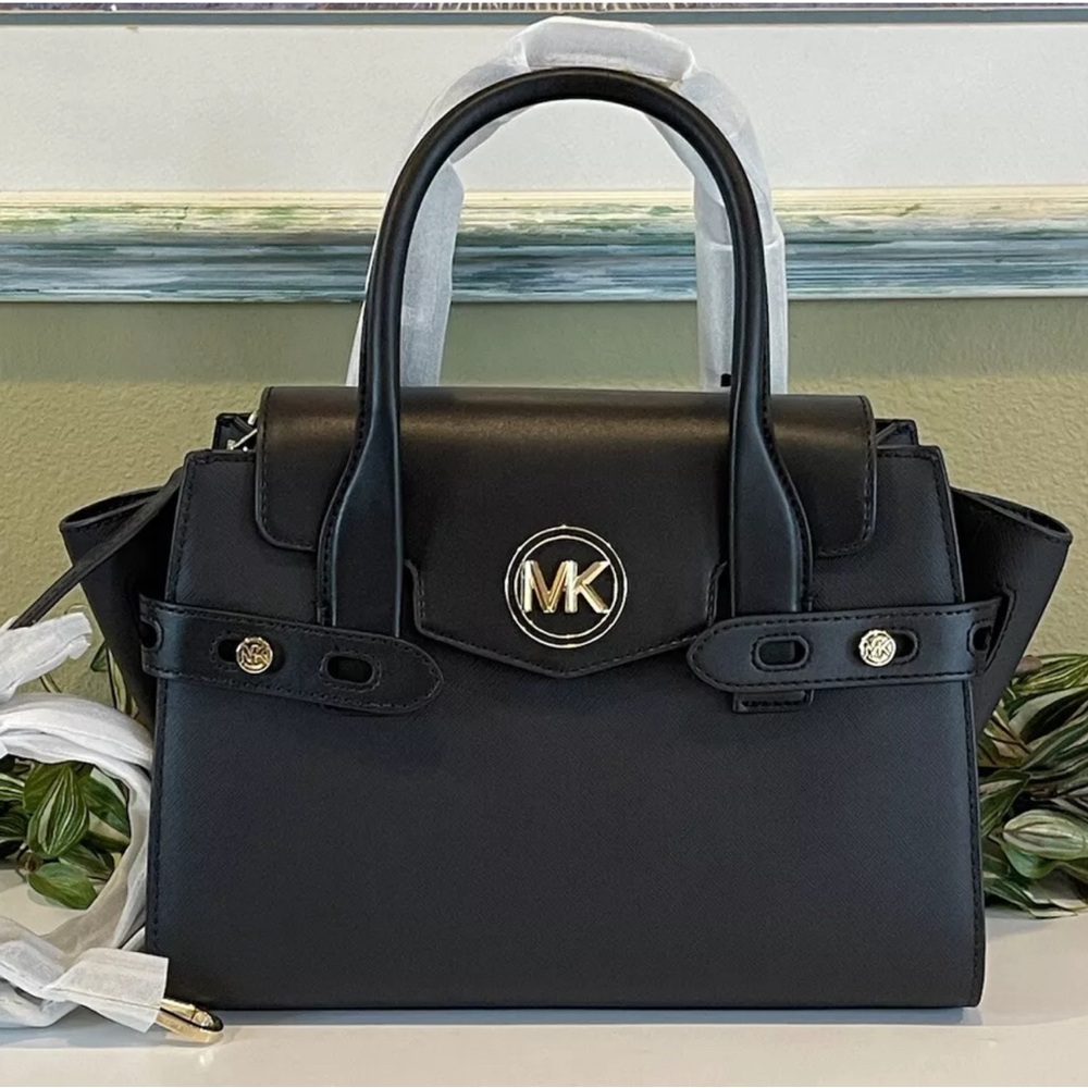 NWT MICHAEL KORS CARMEN MEDIUM FLAP SATCHEL SHOULDER BAG MK BLACK VEGAN LEATHER - Picture 5 of 11